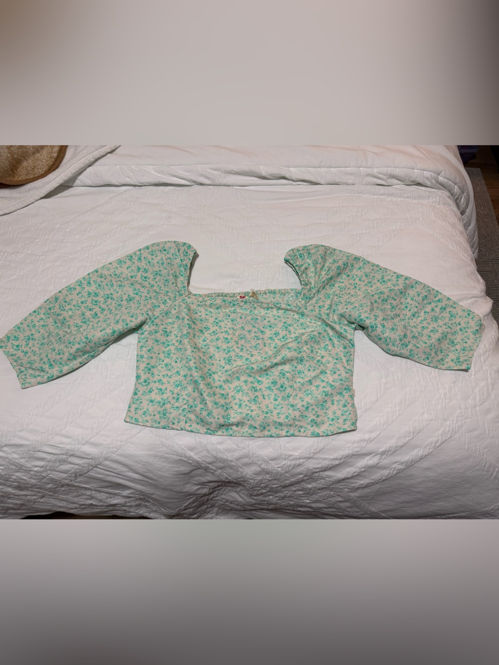 Cream Floral Smocked Top with Teal Print